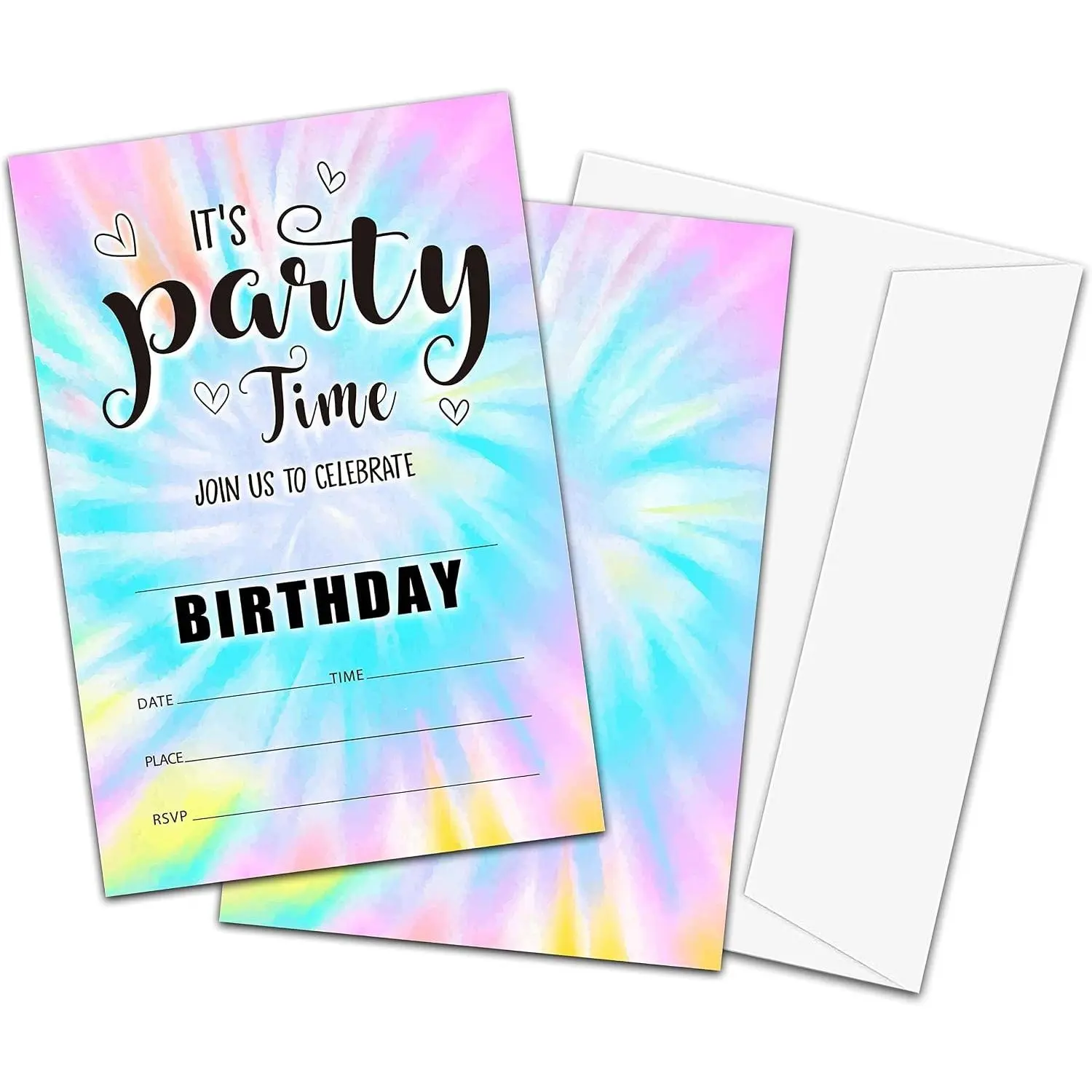 Tie Dye Theme Birthday Invitations, Fill-In Style Party Invites with Envelopes for Boys Girls (20-Pack), Birthday Party Decorations and Supplies