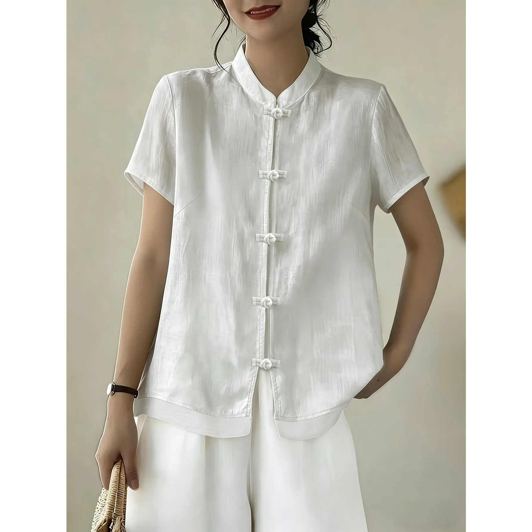 [Cheongsam Shirt Blouse] AMNFUIL Women's Chinese Cheongsam Shirt Suitable for - Wear - Stand Collar Mandarin Button Placket Short Sleeve Blouse Top, Machine Washable Button-Front Shirt for Casual & Traditional Outfits