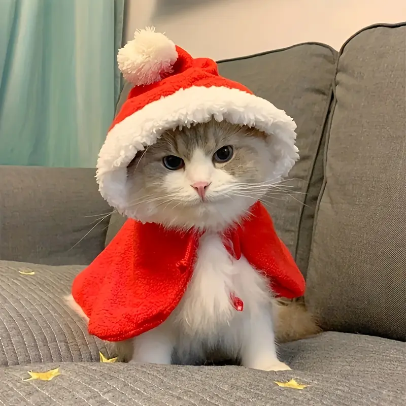 1pc Christmas Cat Costume - Red And White Santa Claus Outfit for Small And Medium-Sized Cats, Soft Nylon Holiday Pet Clothing, Essential for New Year'S Photos, Plush Edge Design, Warm Pet Wear, Little Red Riding Hood Cloak Cat Dress Up Pet Additions