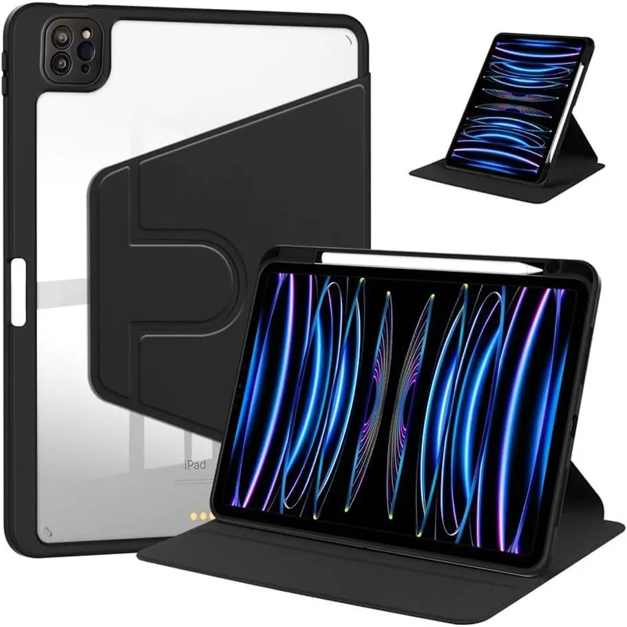 Acrylic 360° Rotating Magnetic Case for iPad Pro 11 Inch, Pencil Holder, Camera Lens Protector, Slim Clear PC Back, Adjustable Rotate Stand, Auto Sleep/wake