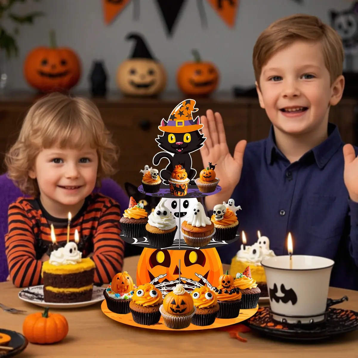 Halloween Party Table Decorations, Cat Pumpkin Dessert Tray Cake Stand, Halloween Festival Accessories, Festive Home Decoration
