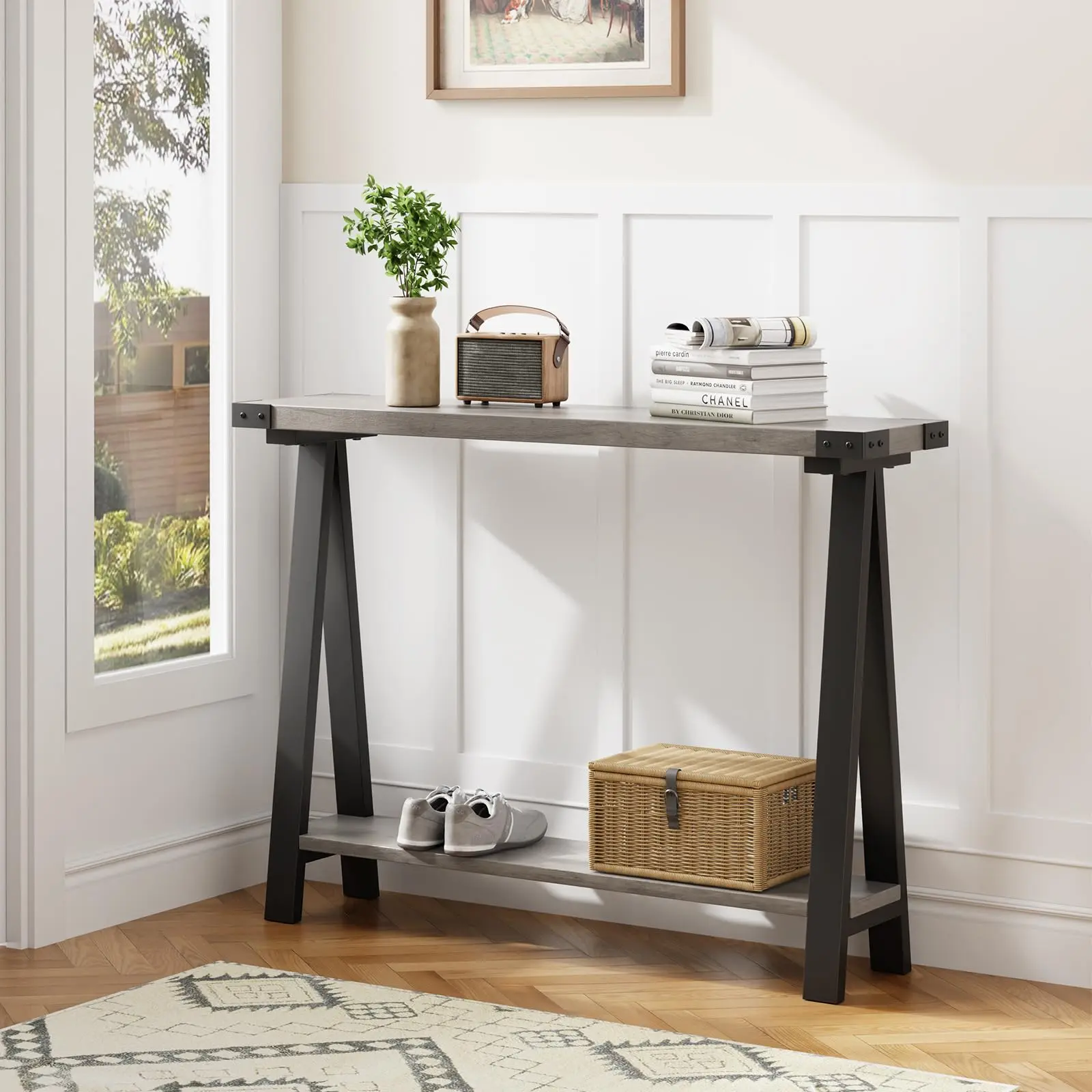 Christmas DealGARVEE Farmhouse Narrow Entryway  Table, 43.3" Console Table With Storage, 2 Tier Sofa Table With Metal Frame and Mdf, Narrow Console Table for Living Room, Hallway, Entryway-Grey