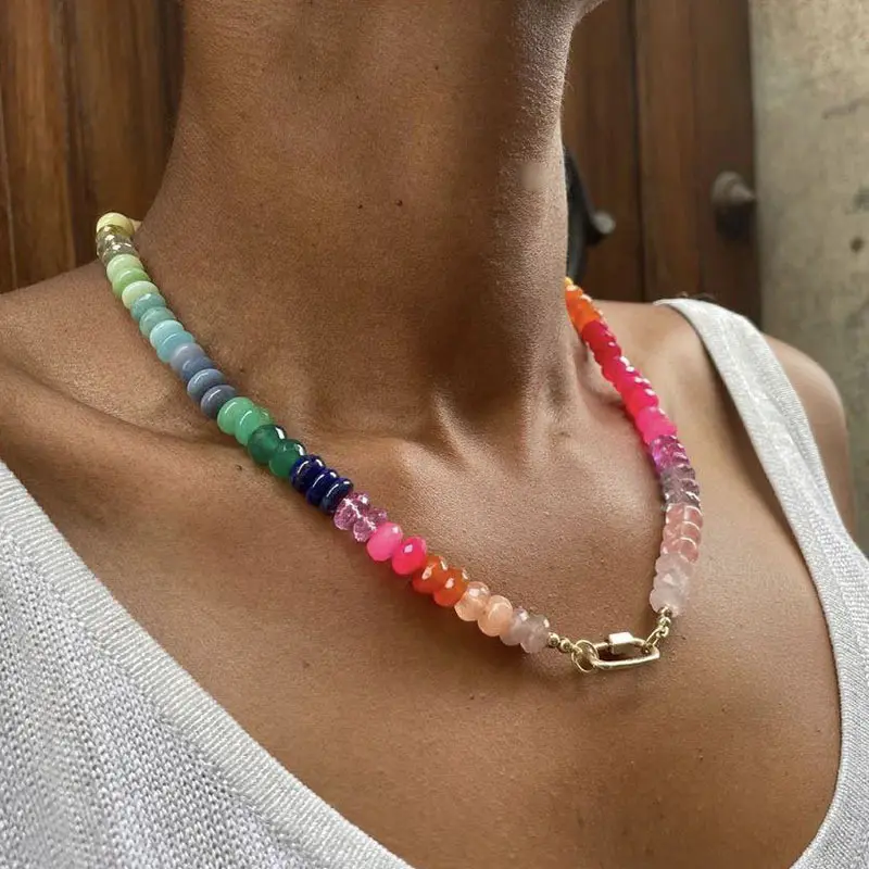 Rainbow Natural Stone Necklace Clavicle Chain Temperament Design Sense Beach Vacation Trendy Neckchain For Women Perfect For Party Daily Wear And Ideal Gift For Friends And Family