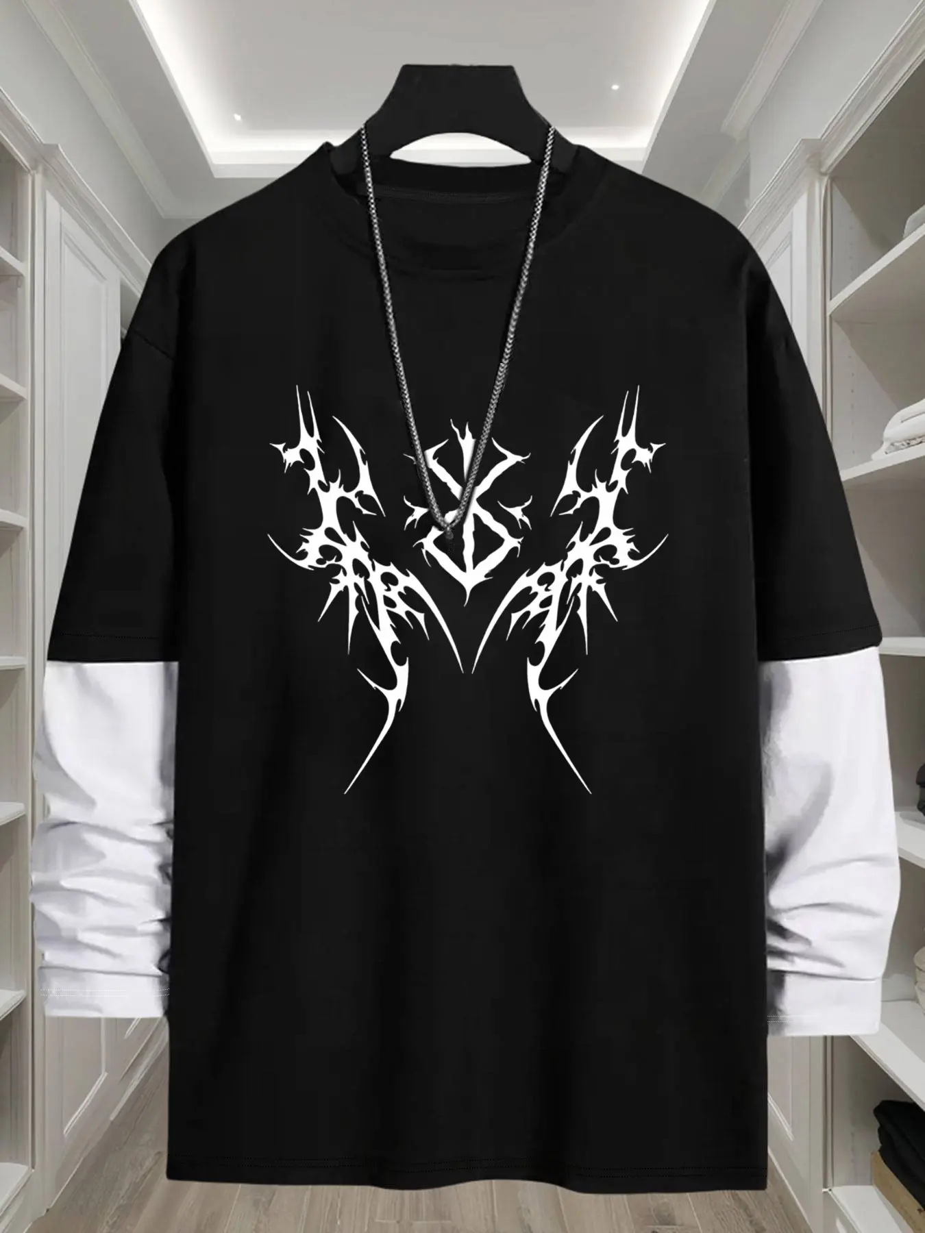 Men's Trendy Asymmetrical Print Top, Fake Two-Piece Colorblock Long Sleeve T-Shirt, Contrast Shirt, Casual Daily Wear