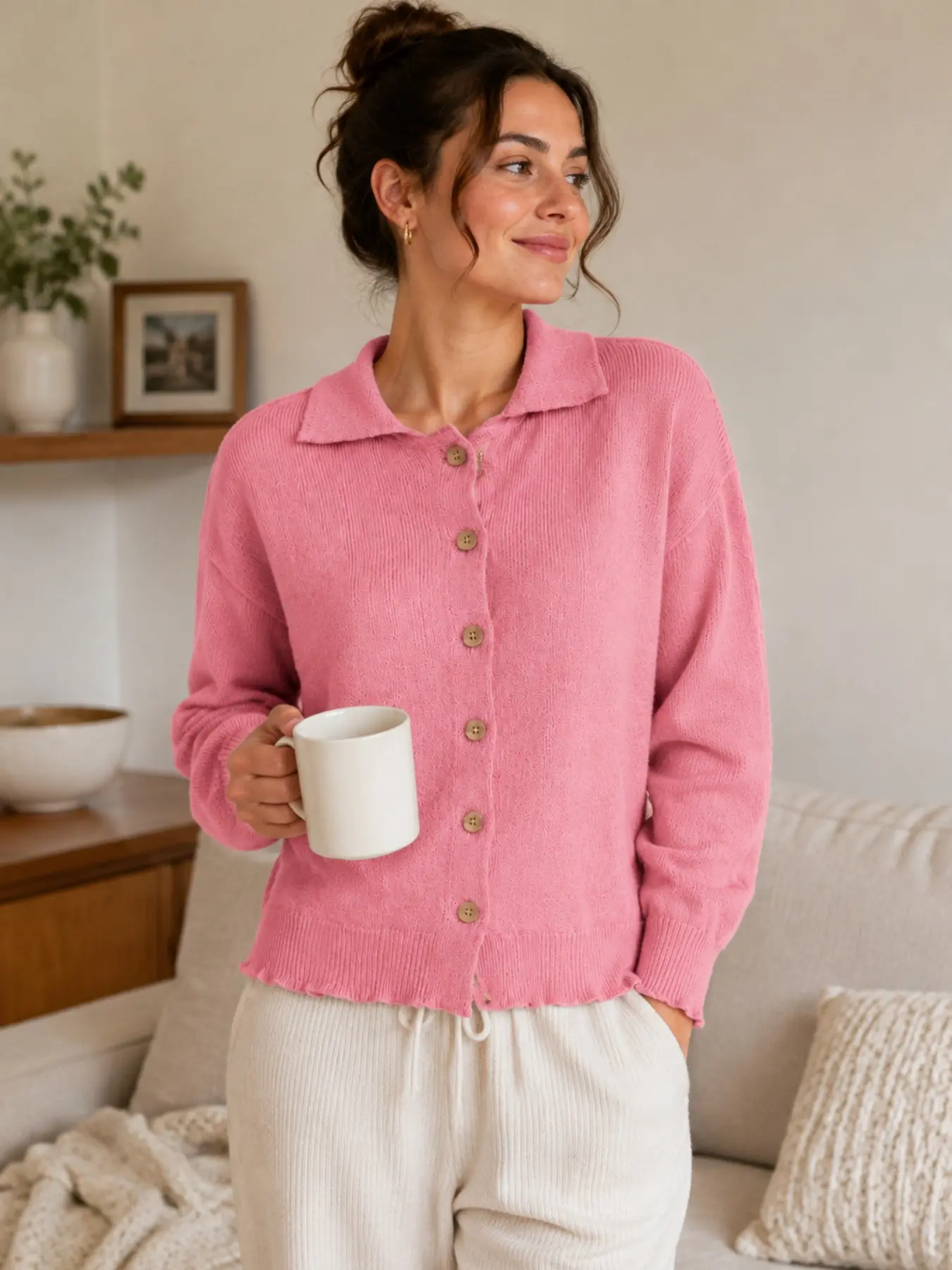 Women's Button Down Knit Cardigan, Long Sleeve Collared Sweater, Casual Lightweight Knit Top, Soft Fall Winter Work Office Cardigan