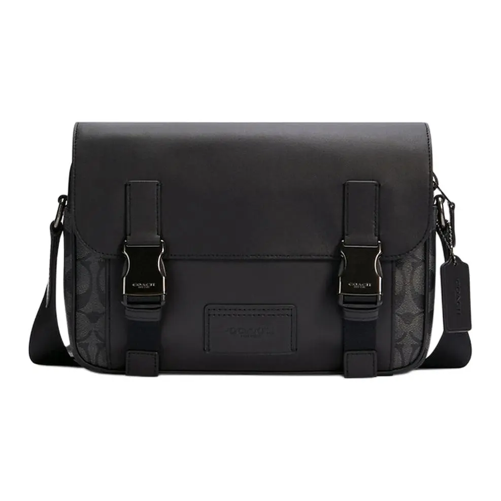 COACH Track 27 Adjustable Crossbody Bag for Men – Color-Blocked Monogram Coated Canvas and Calfskin – Small Black