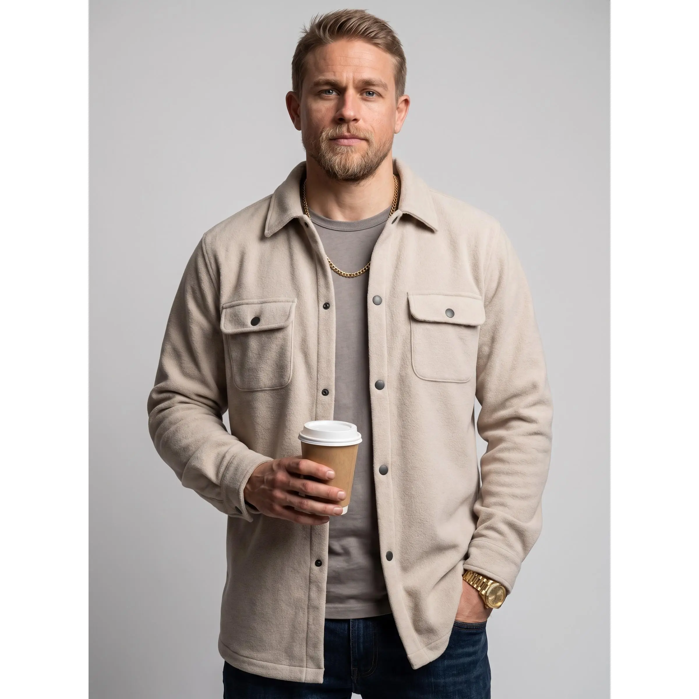 KZZ Menswear Classic Casual Long-Sleeve Collared Button-Front Polyester Shirt Coat with Flap Pockets for Fall, Winter Daily Wear