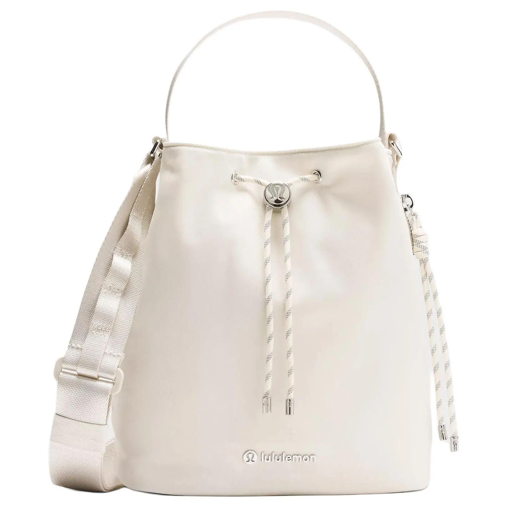 Women's Lululemon 5L Drawstring Bucket Bag - Adjustable Strap, Recycled Nylon, Light Ivory & Silver, Hands-Free Minimal Women's Handbags, Hands-Free Women's Handbags