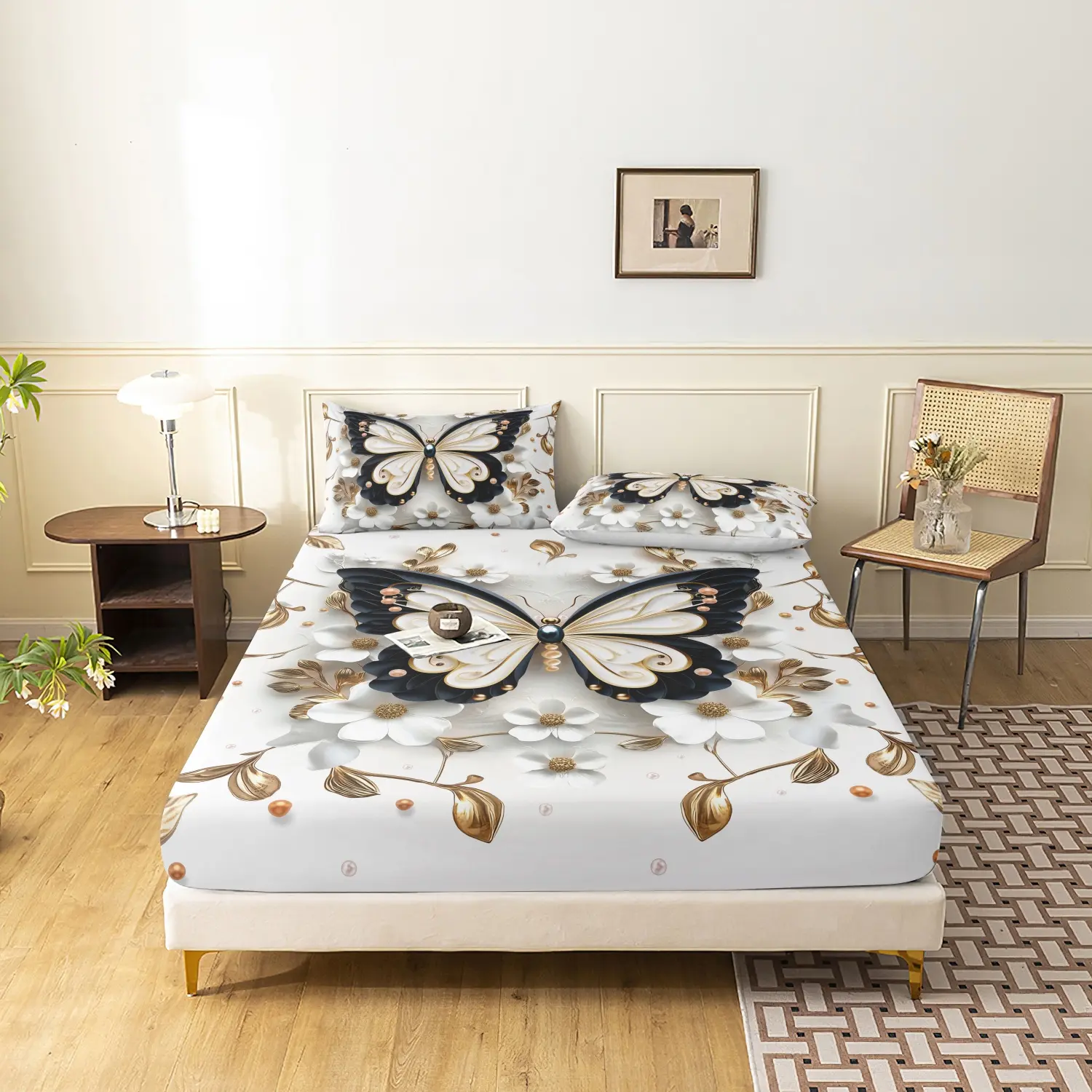 3 Pieces Luxury Golden Black Butterfly White Floral Print Fitted Sheet Set, Elegant Vintage Pearl Gold Leaf Flower Butterfly Print Bedding, Soft Microfiber Romantic Noble Bedding Decor (1 Fitted Sheet + 2 Pillowcases, No Pillow)·