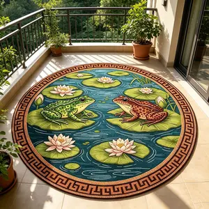 New Oriental Lotus Frog Round Rug, Vintage Border Living Room Decor, Washable Non-Slip Mat for Balcony, Bedroom, Lobby