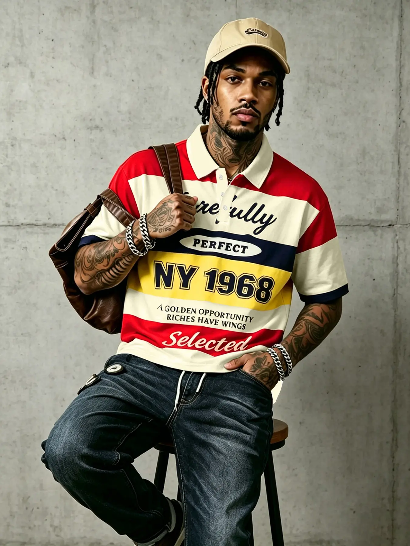 Vintage American Style Ny1968 Letter Colorblock Wide Striped Collar Casual Collared Men's Polo Shirt, Short Sleeve T-Shirt, Streetwear Unisex Casual Top