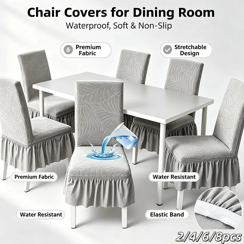 Dining Chair Cover 2/4/6/8pcs, Jacquard Leaf Pattern Dining Chair Slipcovers, Light with Skirt, Chair Protector for Dining Room, Wedding Banquet