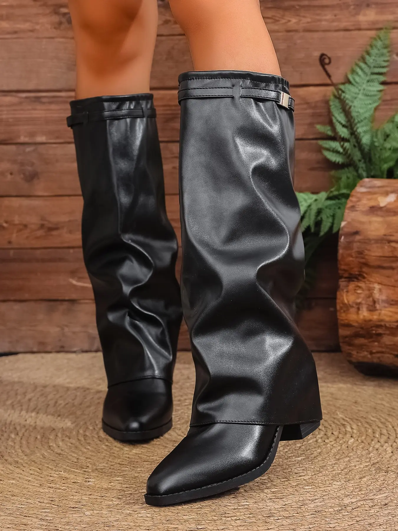 European and American Style Glossy Soft Leather Folded Long Boots, Square Toe Slope Heel Wide Calf Slimming over Knee Pant Tube Boots, Trendy High Ankle Women's Boots