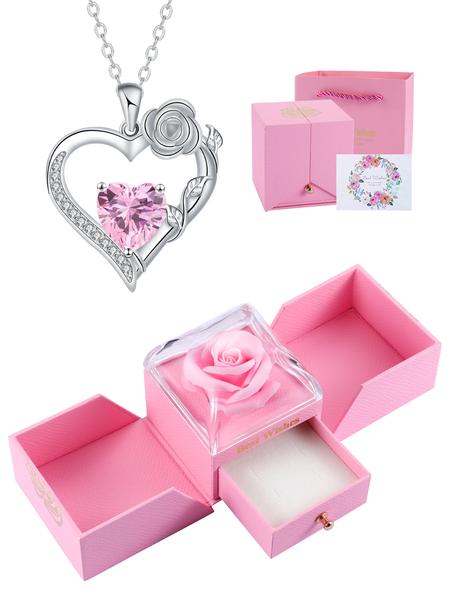 Rose Flower Heart Pendant Necklace With Rose Jewelry Gift Box, Exquisite Jewelry Gift, Anniversary Valentines Day Necklace Gift for Wife Girlfriend, Birthday Gifts for Mom Daughter