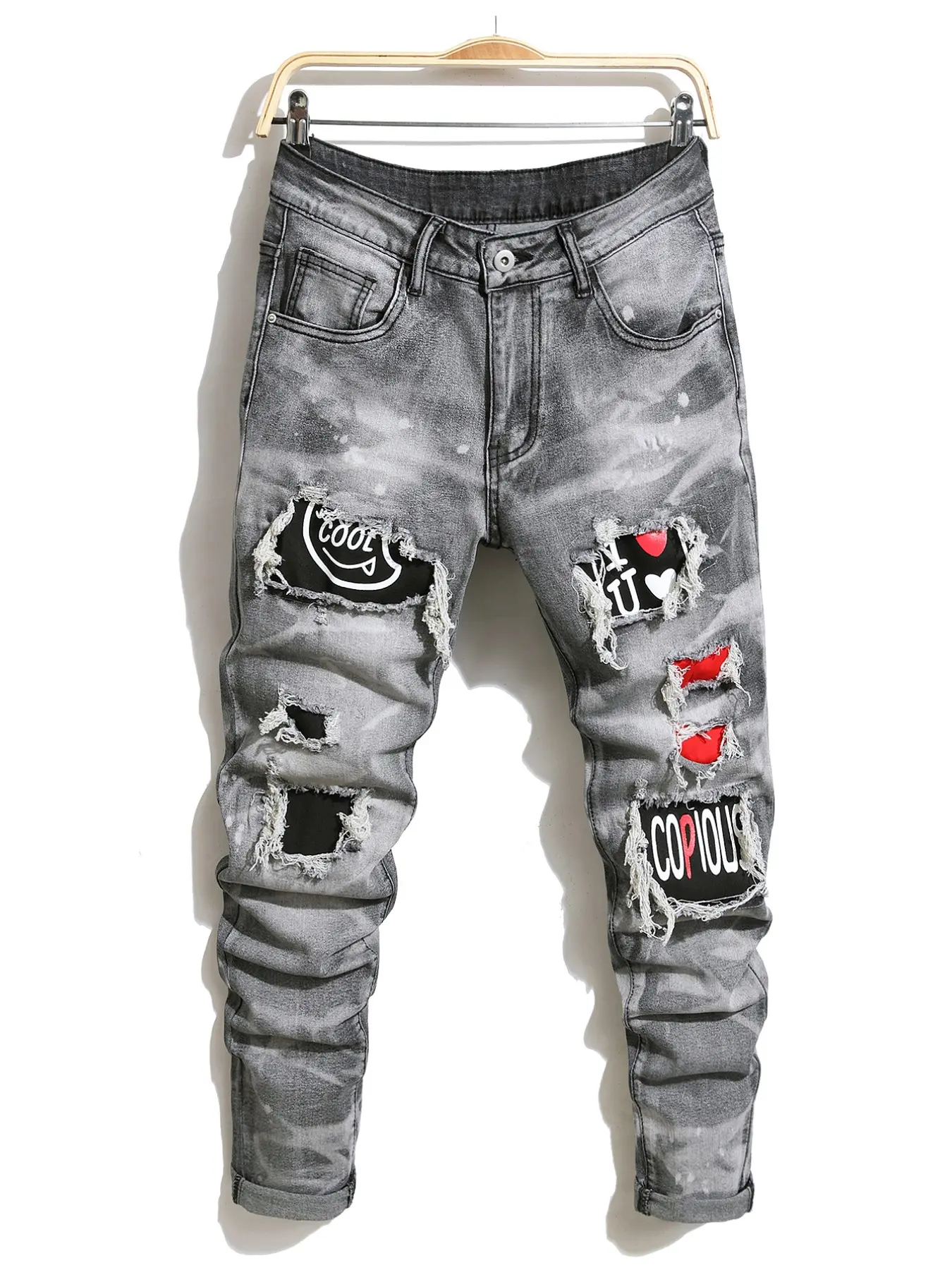 Men's Tight-Fit Ripped Jeans, Distressed Jeans, Towel Print, European and American Fashion, High Street Solid Color Casual, All Seasons, Loose-Fitting