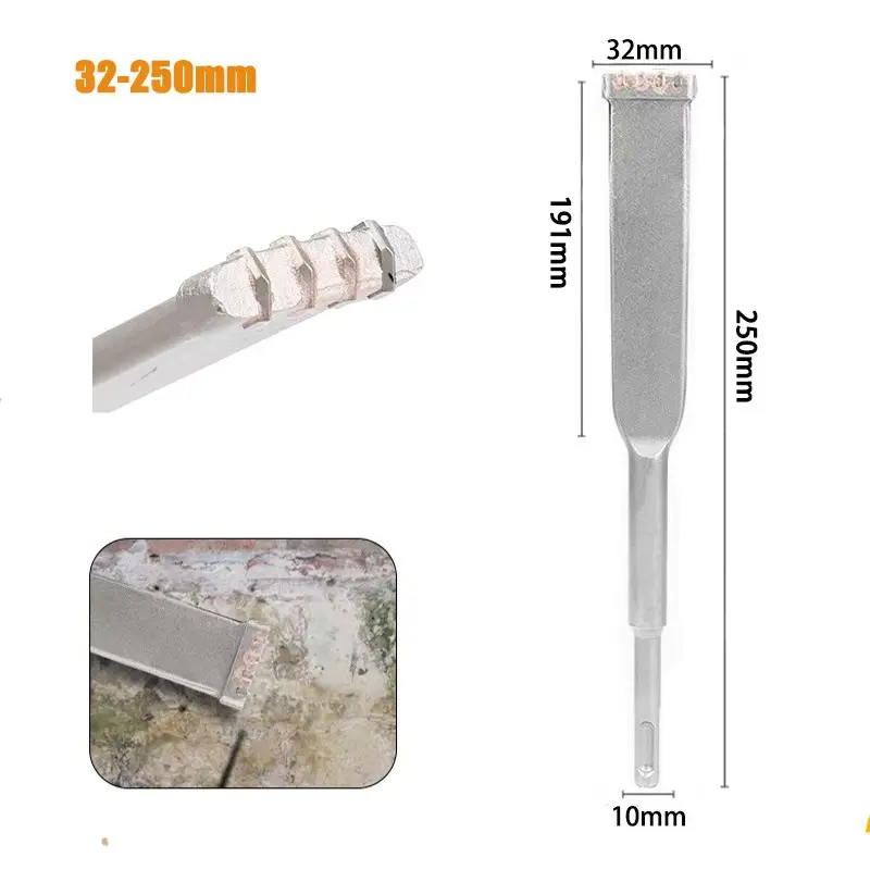1‑piece 4‑tooth alloy chisel, round‑shank alloy steel chisel. Used for concrete joint removal, cutting and rough dressing of masonry. Bricklayer tool with ergonomic design and durable construction.