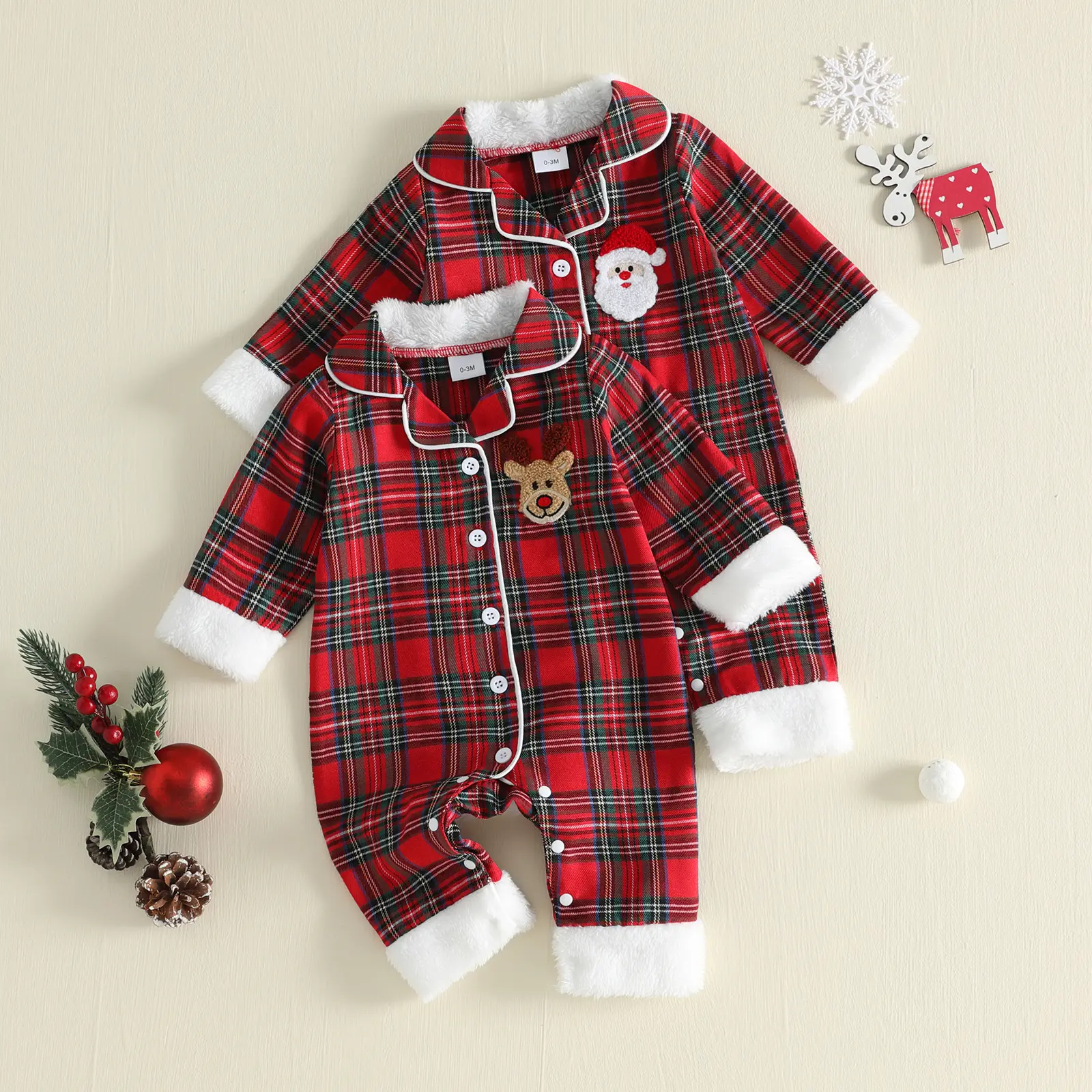 REDWOON Infant Baby Boy Girl Xmas Plaid One‑Piece Pajama Lapel Collar Reindeer/Santa Applique Faux Fur Trim Button Down Sleepwear Holiday Family Photo Outfit 0-18M