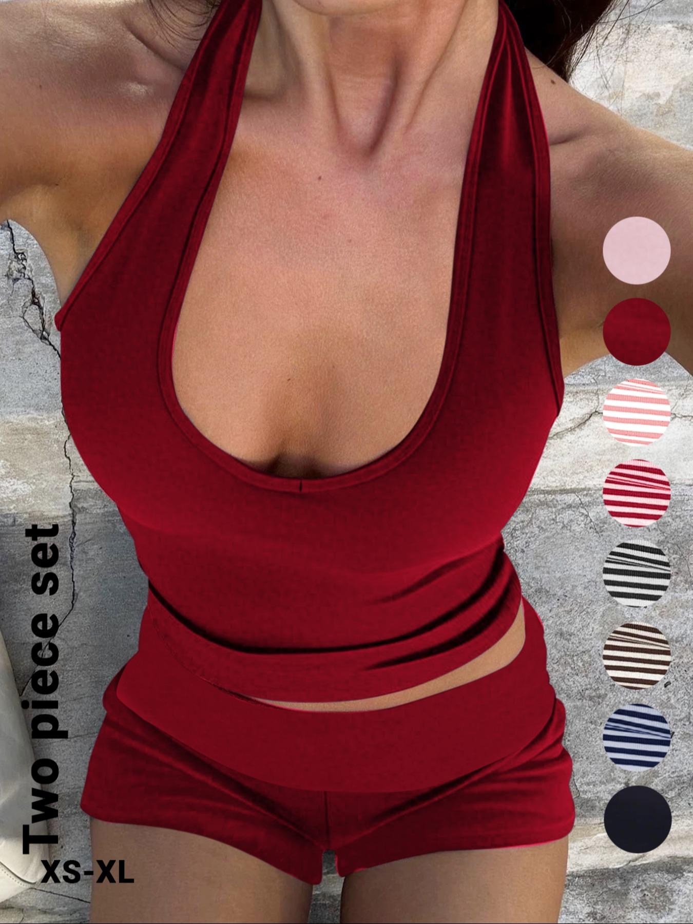 Women's Casual Striped Halter Neck Crop Top & Shorts Set, Summer Fitted Two-Piece, Regular Length, Moderate Fabric Thickness, Womenswear Women's Casual Striped Halter Neck Crop Top & Shorts Set, Summer Fitted Two-Piece, Regular Length, Moderate Fabric Thickness, Womenswear