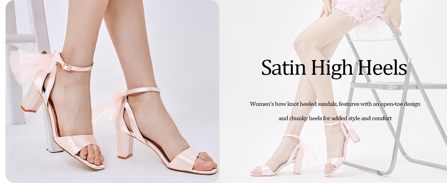 Coutgo Women's Bow Tie Heeled Sandals Chunky Heels One Strap Satin Ankle Buckle Dress Wedding Shoes