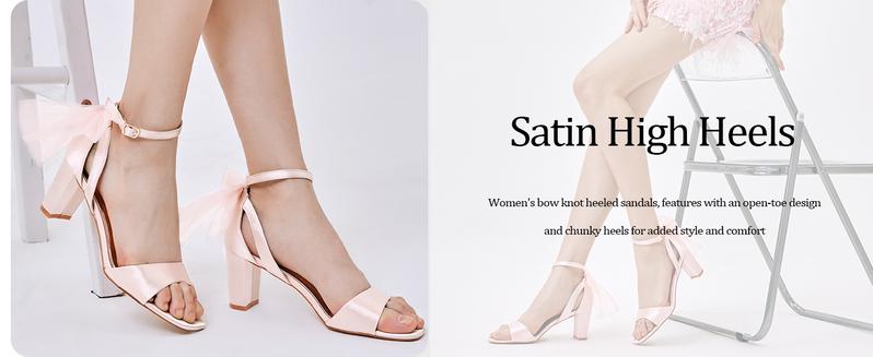 Coutgo Women's Bow Tie Heeled Sandals Chunky Heels One Strap Satin Ankle Buckle Dress Wedding Shoes