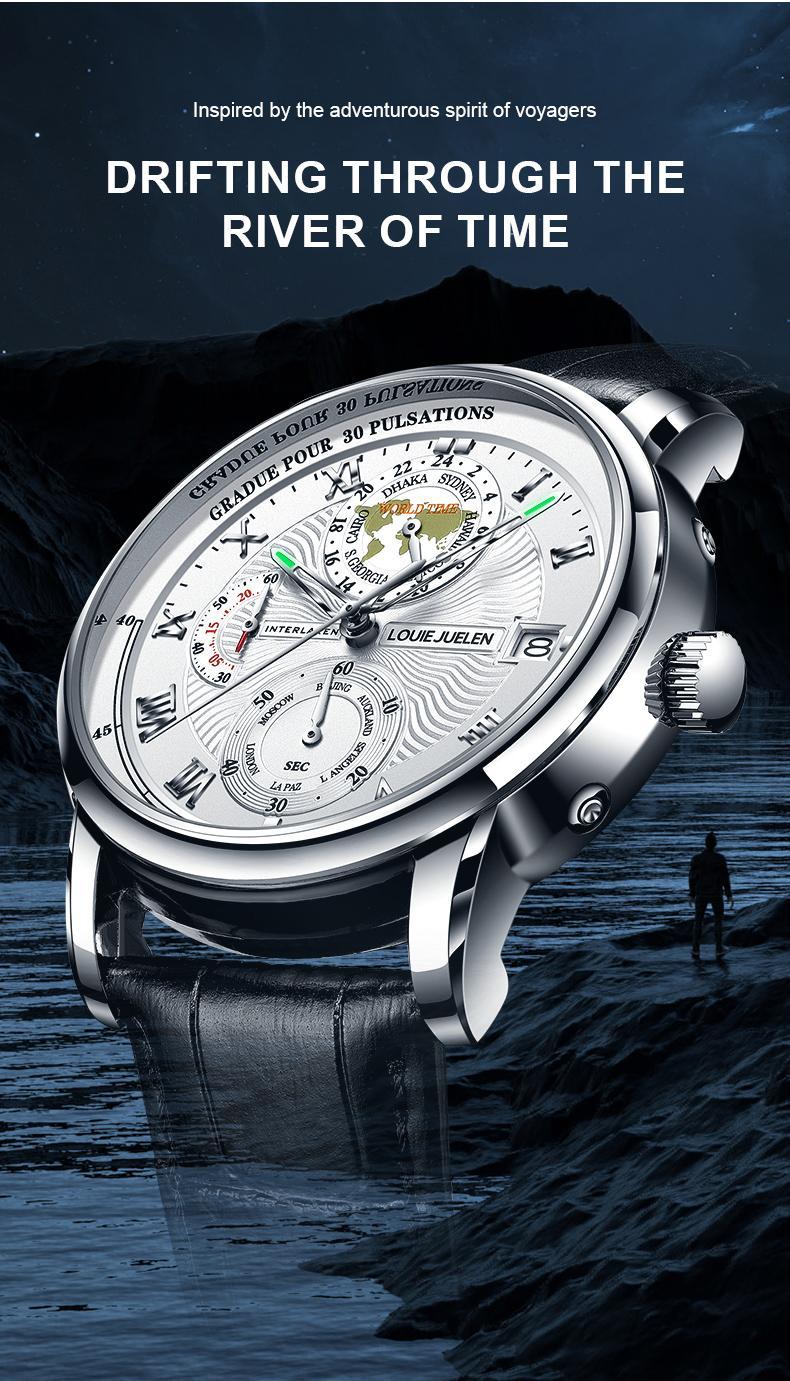 Men's Navigator high-end fashion watch: Swiss original movement, 42mm dial, leather strap, stainless steel case, waterproof luminous function, scratch and knock resistant, suitable for parties, business meetings, casual wear.