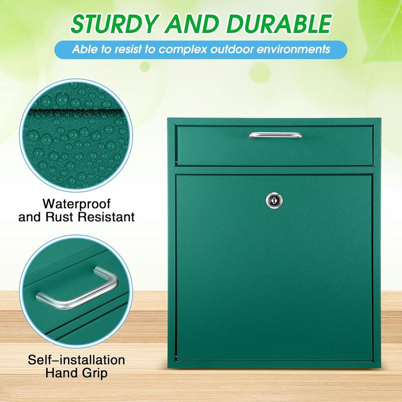 Locking Mailbox with Key for Outdoor 12 x 10.5 x 4.7 Inches Large Wall Mount Mail Box with Lock  Mail Drop Metal Collection Boxes Hanging Secure Postbox(Green)