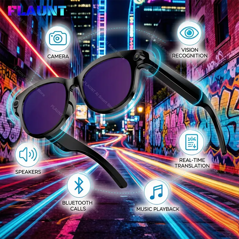 AI Smart Glasses: A must-have for trendsetters, featuring a 4K HD camera, ChatGPT-powered object recognition, voice calls, video capabilities, music playback, audio recording, real-time translation, and Bluetooth connectivity.