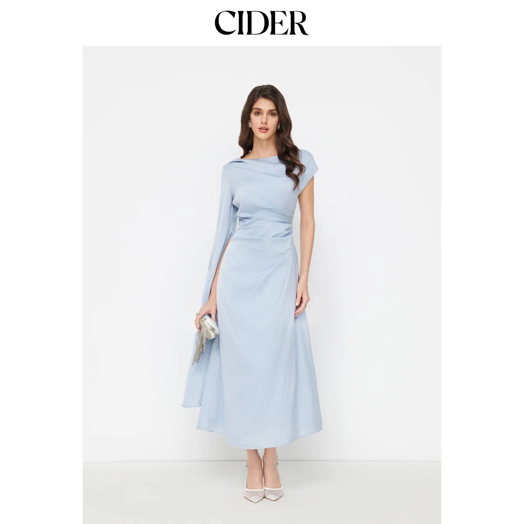 Cider Satin Boat Neck Pleated Asymmetrical Sleeve Maxi Dress