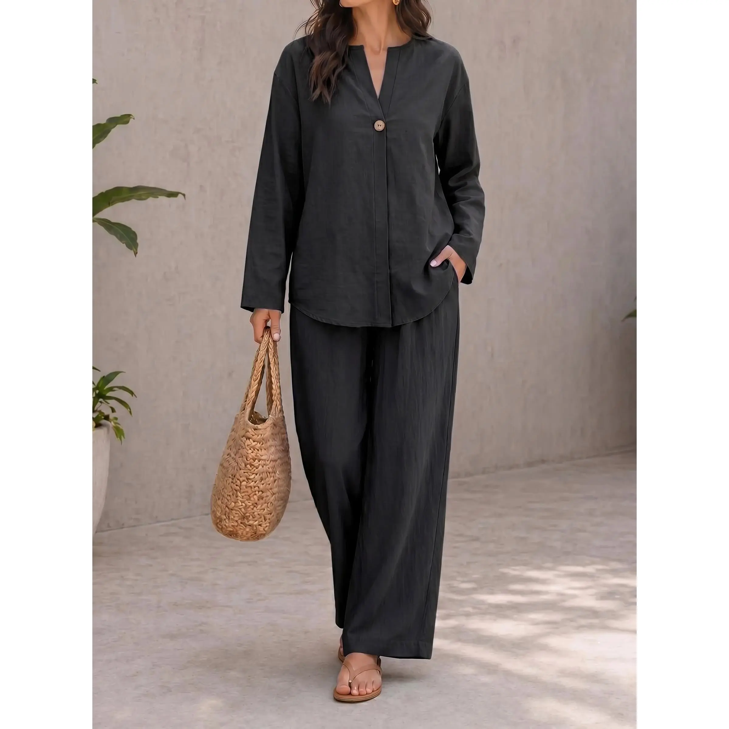 VVZ 2026 Spring/Summer Women's Casual Two-Piece Set, Long-Sleeve Breathable Top with Relaxed-Fit Pants for Effortless Style