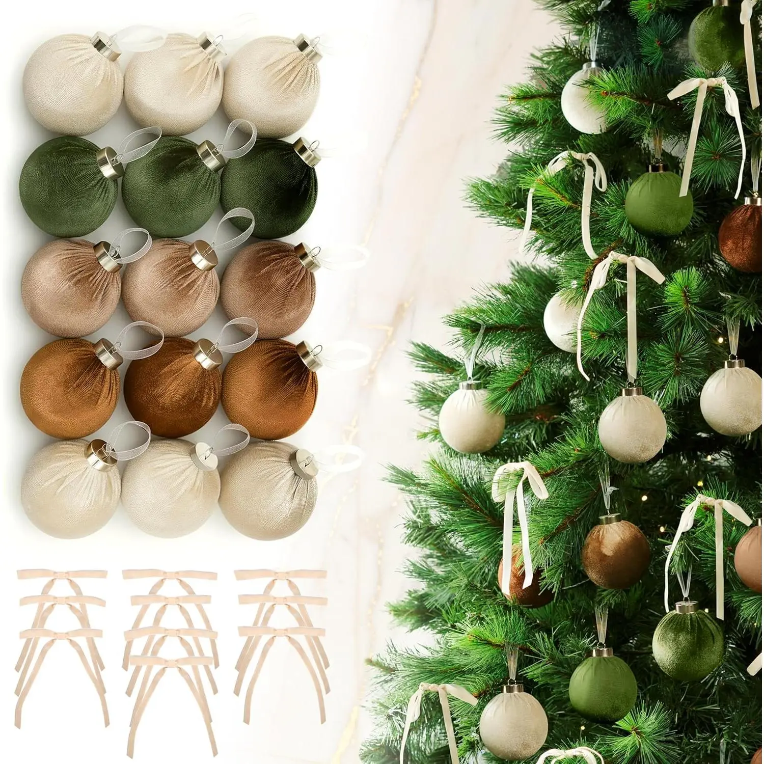 Elegant  Christmas Ornaments Set with 15 Shatterproof Balls & 10 Matching  Bows - Complete  Tree Decor Kit - Neutral Holiday Flocked Ornaments for Christmas Tree Decoration