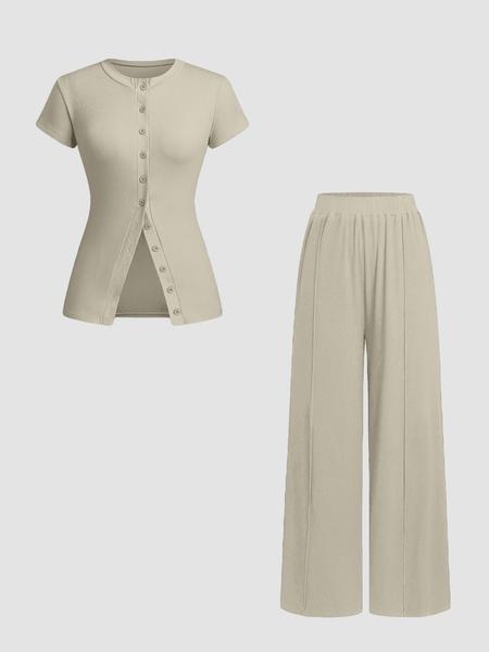 Women's Solid Color Button Front Top & Wide Leg Pants, Casual Two-piece Set for Daily Wear, Ladies Clothes for All Seasons