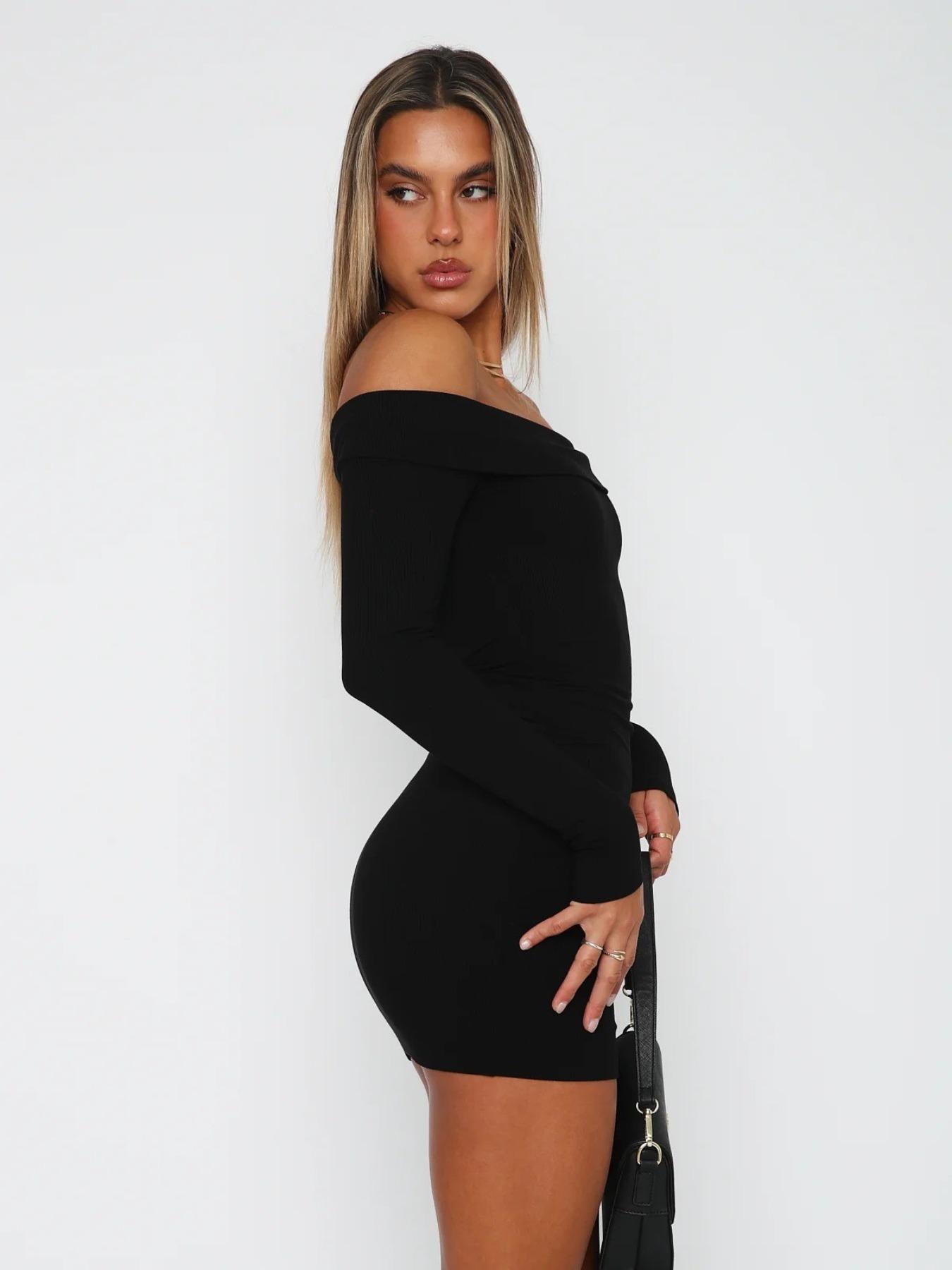 Women's Solid Off Shoulder Soft Ribbed Modal Dress, Elegant Chic Basic Fashion Casual Long Sleeve Mini Dress for Daily Outdoor Wear, Women Dress for Spring Fall, Lady, Womenswear