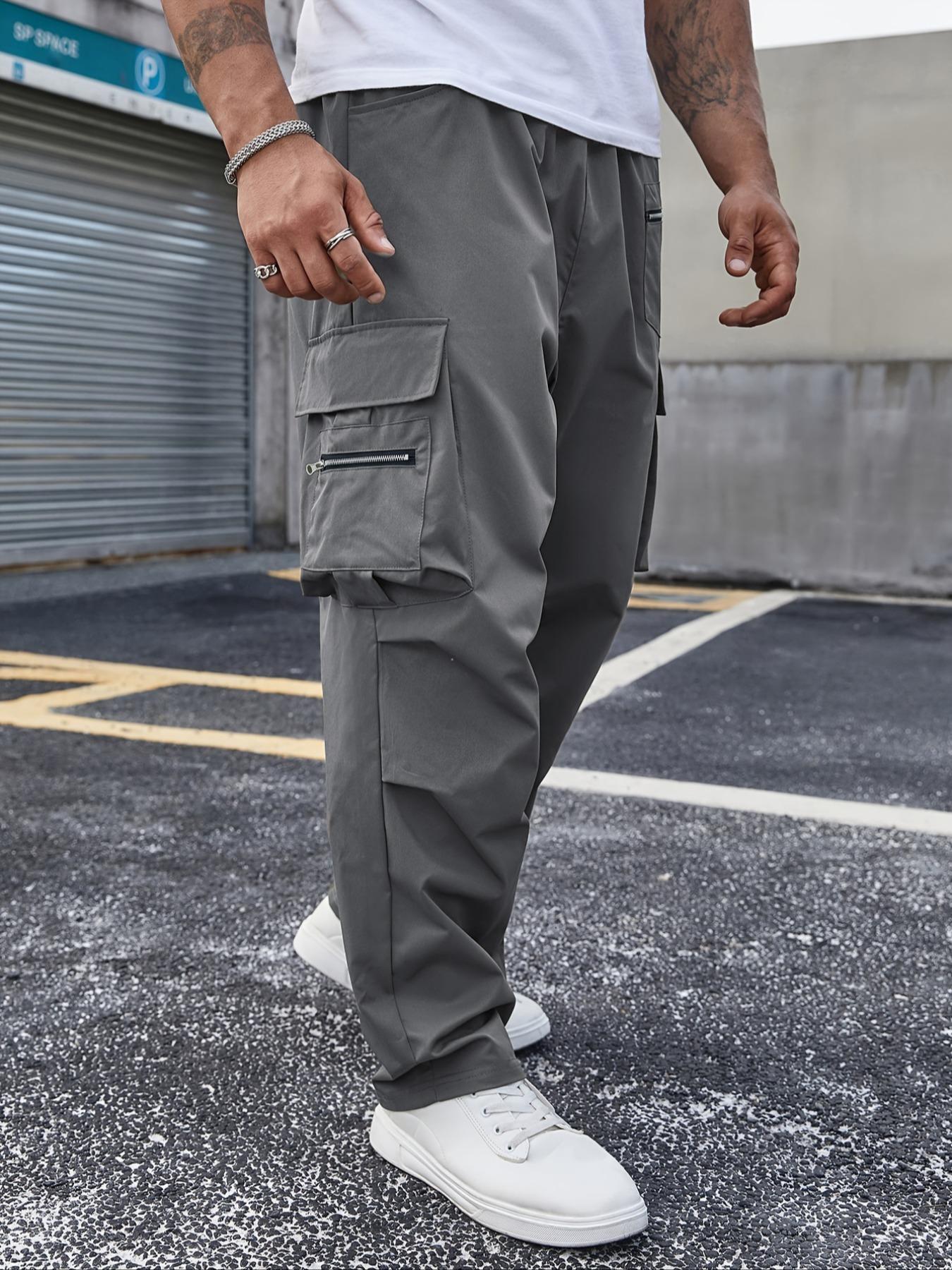 Plus Size Solid Drawstring Waist Cargo Pants, Casual Streetwear for Daily Wear, Men's Dark Gray Trousers for All Seasons