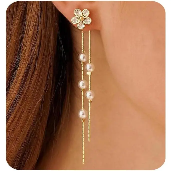 Gold Earrings for Women Trendy 14k Gold Plated Cubic Zirconia Flower Dangle Earrings Hypoallergenic Dainty Pearl Drop Chain Earrings Jewelry Gifts for Her