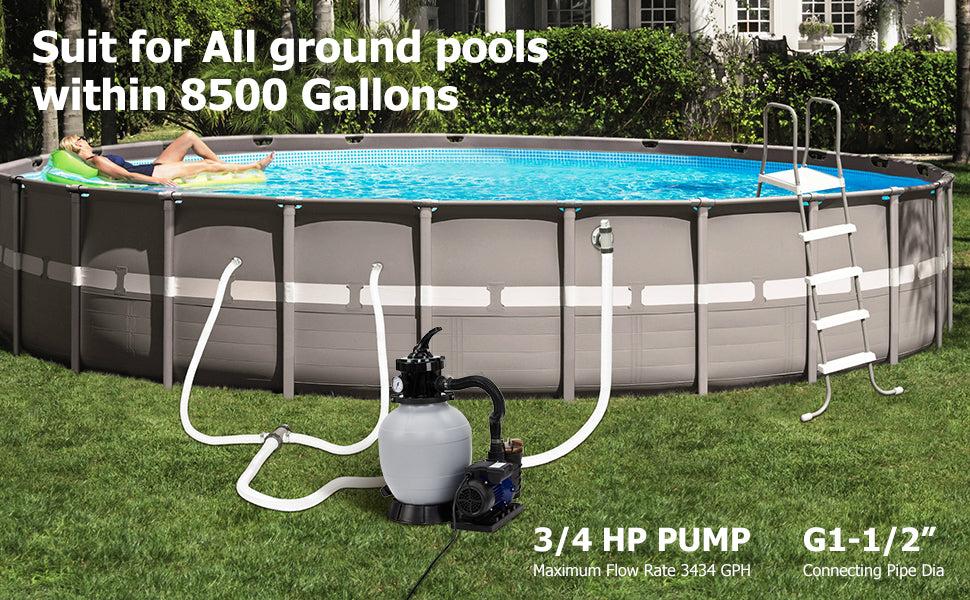 GARVEE 13 Inch Sand Filter Pump - 3434GPH 3/4HP for Above Ground & Inground Pools up to 8500 Gallons, Includes 6-Way Multi-Port Valve & Strainer Basket, Easy Installation with 2Lbs Filter Ball.