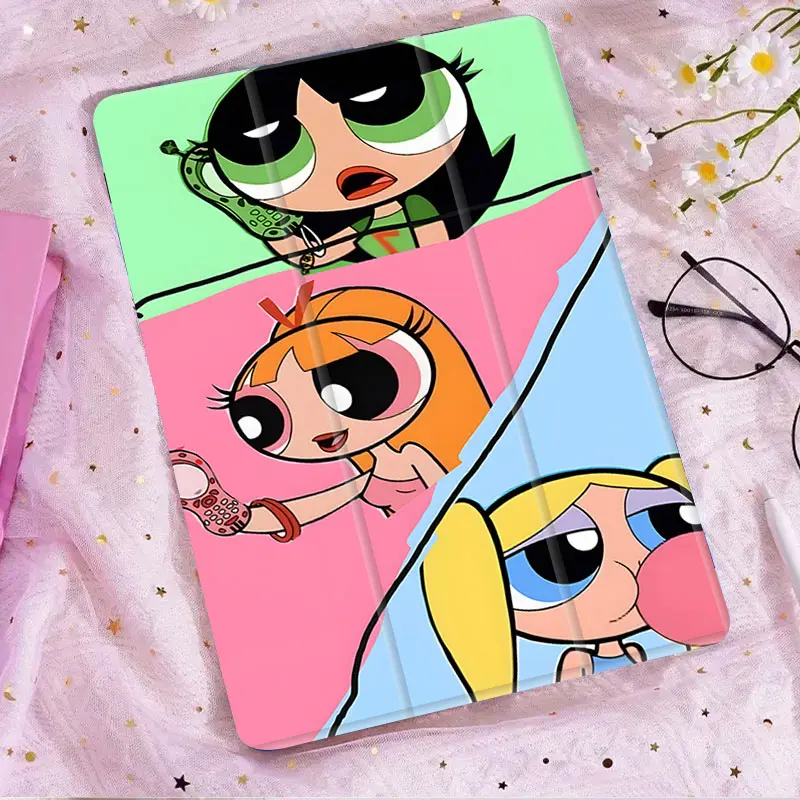 Powerpuff Girls Blossom Bubbles Buttercup iPad Case with adjustable bracket and pen slot, foldable anti slip TPU protective cover, suitable for iPad mini, iPad Air, iPad Pro/iPad 10th generation, 11th generation and other series of iPad protective covers