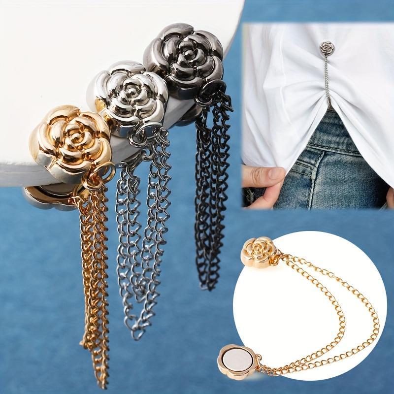 6Pcs Camellia T-Shirt Button Clips, Adjustable Clothing Hem Fixing & Cuff Adjusters, Elegant Decorative Metal Fasteners for Shirt Sleeve & Pants Hem Shortening