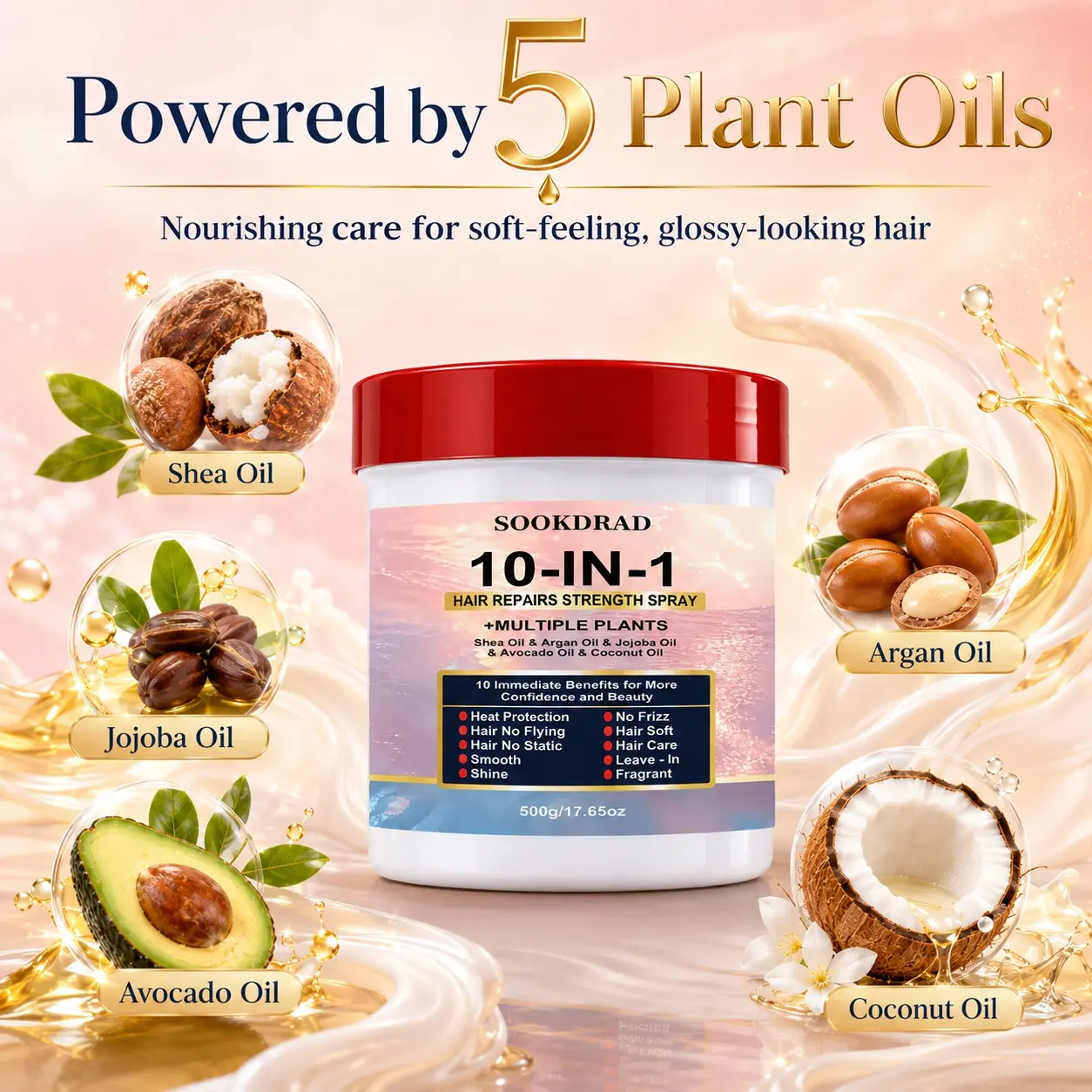 10-In-1 Hair Repair Strength Spray, Shea Oil, Argan Oil, Jojoba Oil, Avocado Oil, Coconut Oil, Heat Protection, No Frizz, No Flyaways, No Static, Smooth, Shine, Soft Hair, Hair Care, Leave-In,