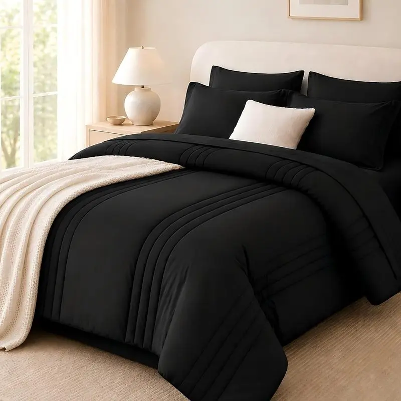 Classic 7-Piece Black Full Comforter Bed Set - Includes Sheets, Pillowcases, Shams, Soft All-Seasons Bedroom Decor