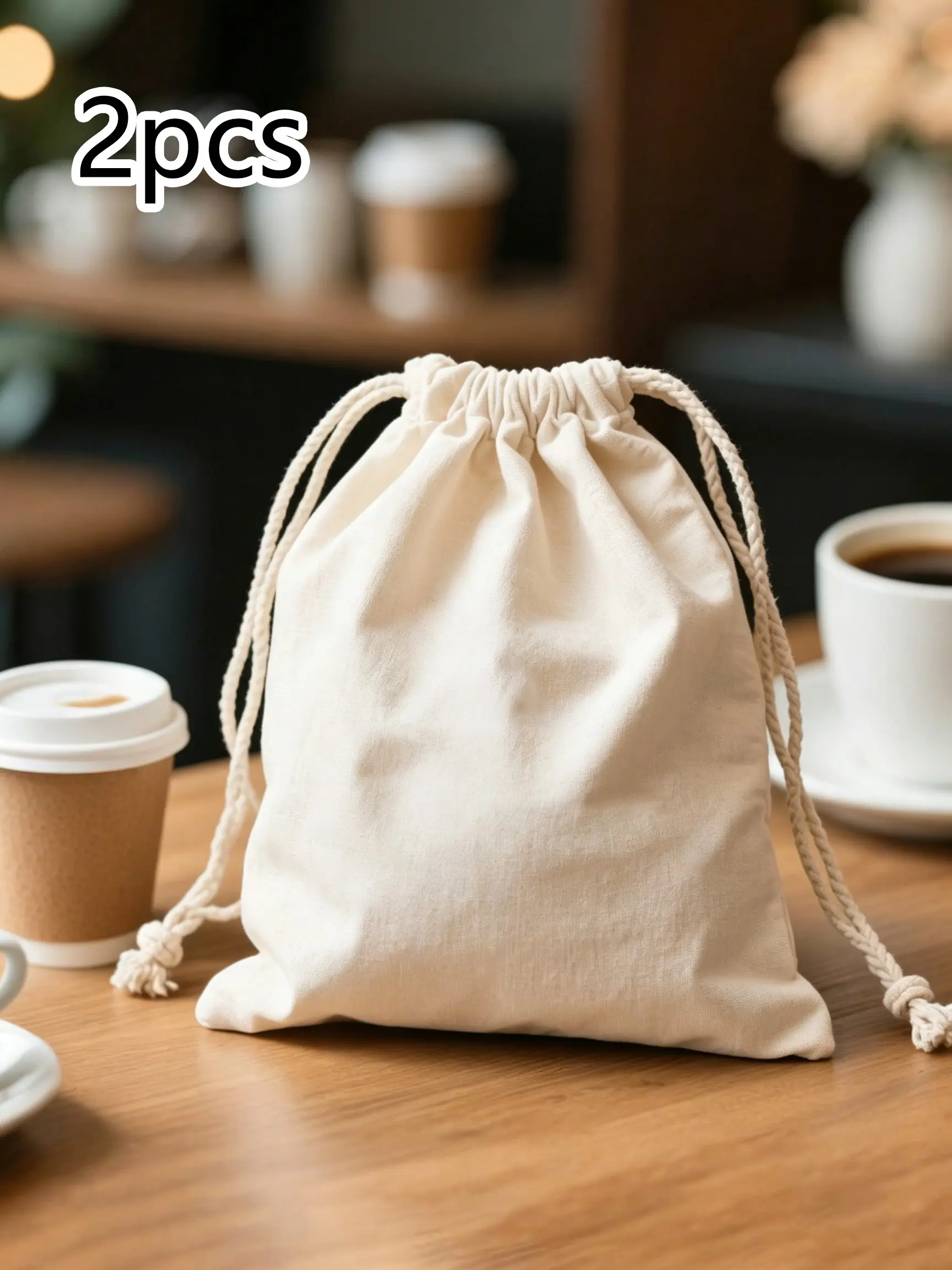 2pcs Natural Blank Cotton Drawstring Pouches, Reusable Small Muslin Storage Bags, Multipurpose Gift Packaging Sack for Jewelry Candy Wedding Party Favors