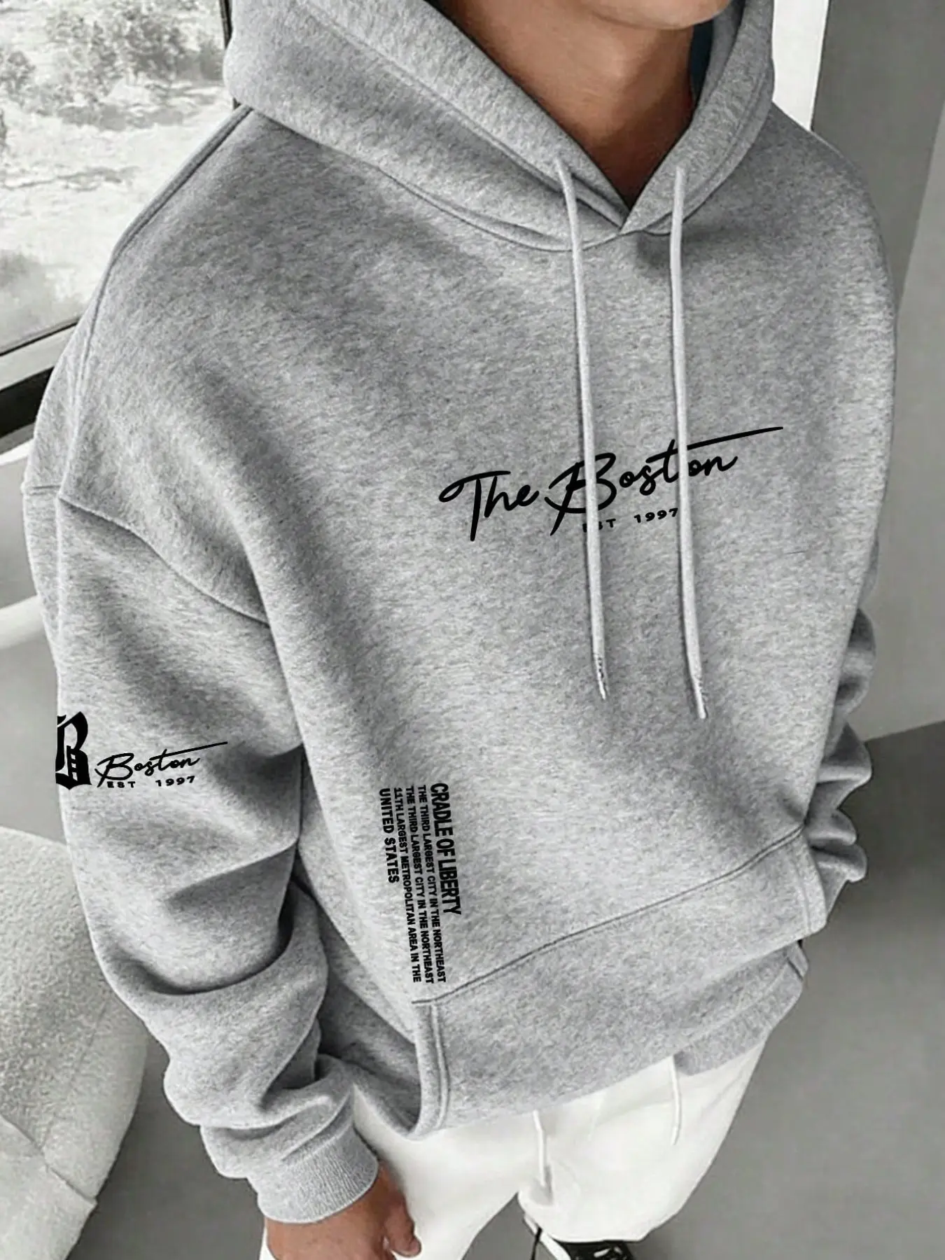Boston Multi-Position Letter Print Hoodie, Loose Oversize Streetwear, Youth Men's Casual Campus Wear, Fall Winter Fashion, Printed Hoodies