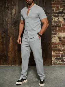 Summer Men's Breathable Set, Short Sleeve Button Shirt with Drawstring Pants, Two-Piece for Vacation and Daily Wear
