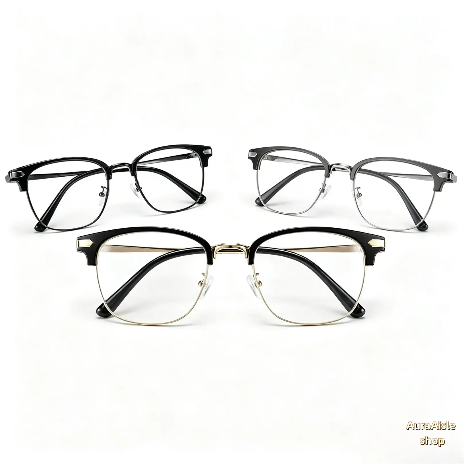 Unisex Half-Rim Browline Blue Light Blocking Eyeglasses - Lightweight Metal Frames, Square Shape, Flexible Nose Pads, Anti-Eye Strain Optical Eyewear for Digital Screen Work, Office Daily Use, Browline Shape, Unisex Wear