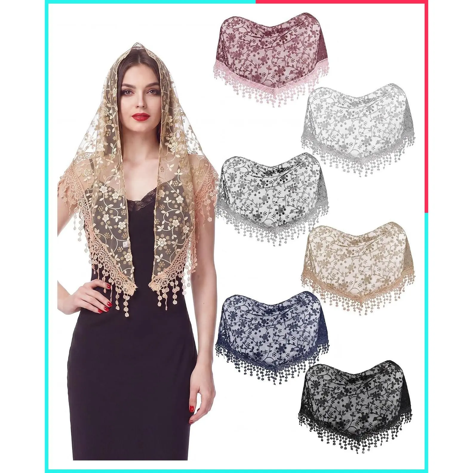 Women's Lace Triangle Mantilla Chapel Veil, Floral Tulle Catholic Church Mass Head Covering Scarf