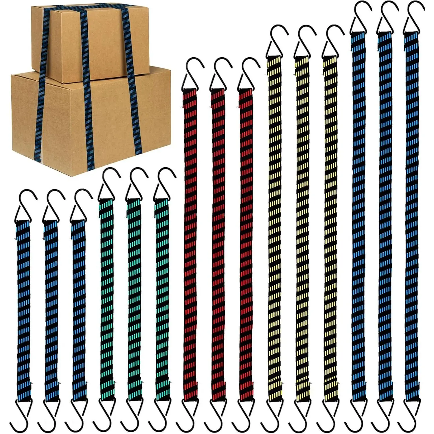 15 Pack Bungee Cords Heavy Duty Stretchable Straps with Hooks 80-180'' Length, High Elastic Rubber Bungee Straps for Luggage, Roof Racks, Tarpaulin, Moving Cargo, Camps, Tarps (15)