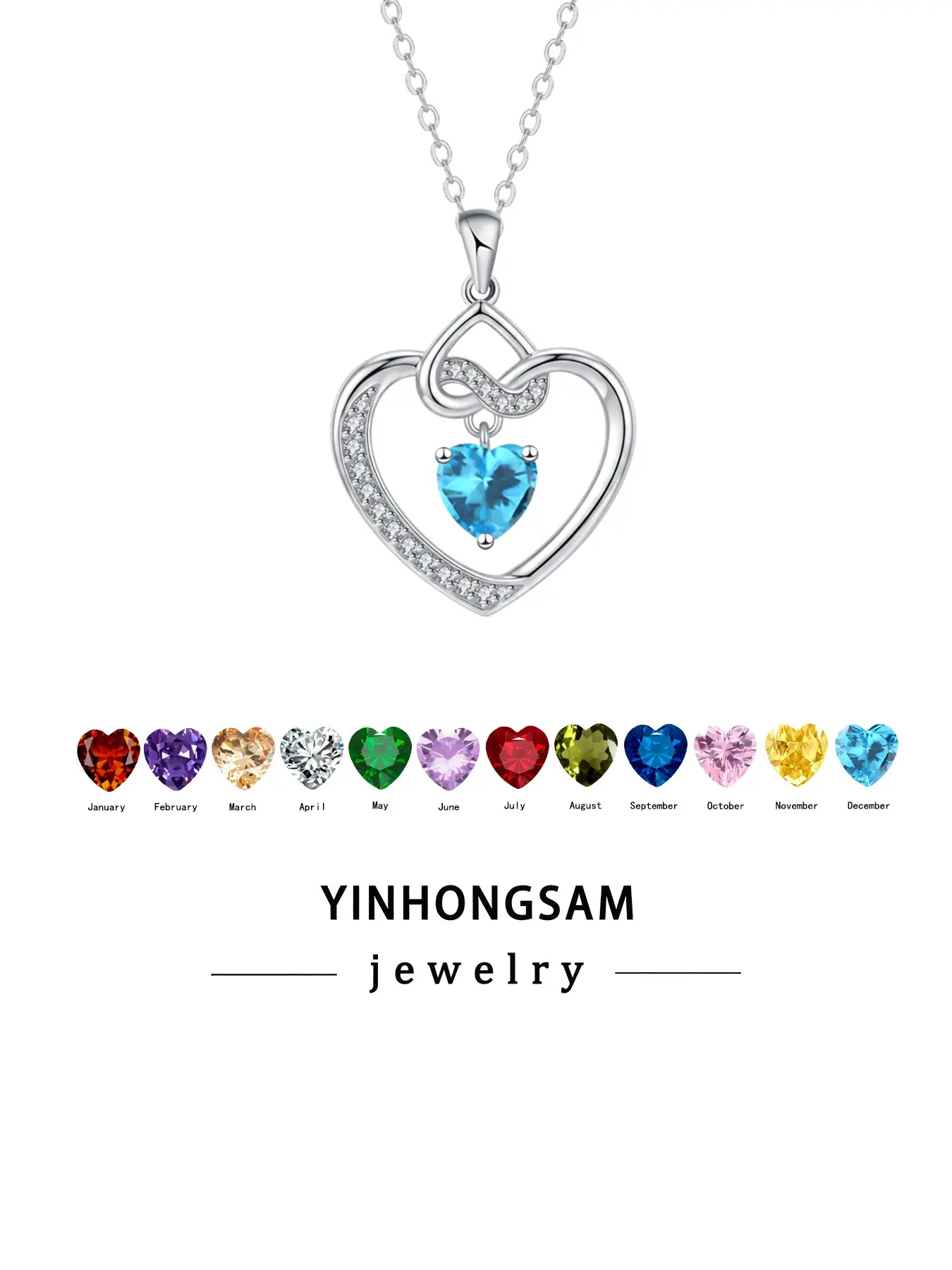 Yinhongsam Heart Birthstone Necklace, 12-Month Cz Pendant, Mother's Day & Valentine's Gift, Includes Box, Synthetic Gemstone Jewelry