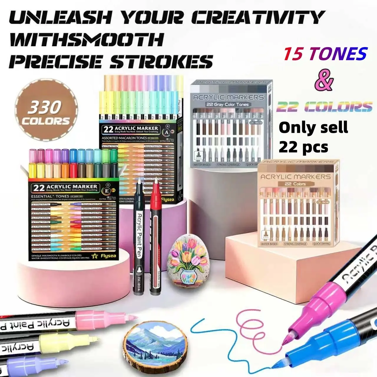 Flysea 22-Piece Acrylic Marker Pens, 15 Professional Colors, Ultra-Fine 0.7mm Tip, Ideal for Rock, Glass, Wood, Metal, Craft Projects