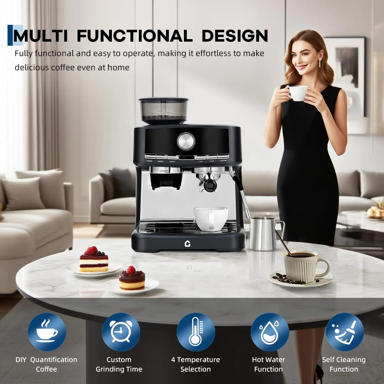 20 Bar Espresso Coffee Machine for Home – Italian-Style Professional Maker – Integrated Grinder & Adjustable Grind – Steam Milk Frother – 1.5L Removable Water Tank – Easy Operation