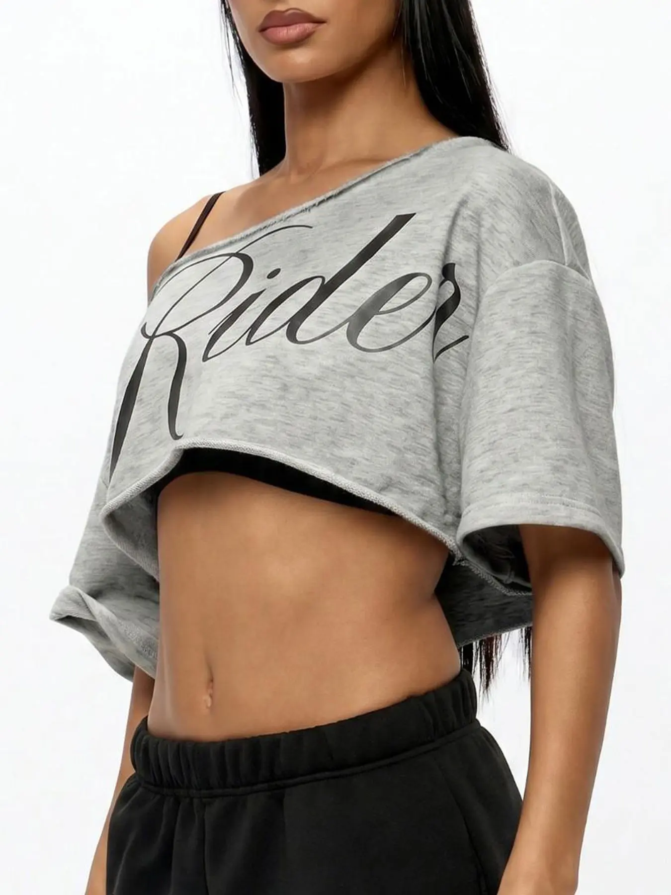 Women Y2K Hot Girl Off Shoulder Cropped Pullover Heather Grey Frayed Neckline Large Rider Letter Print Casual Daily Single Sweatshirt Streetwear Women