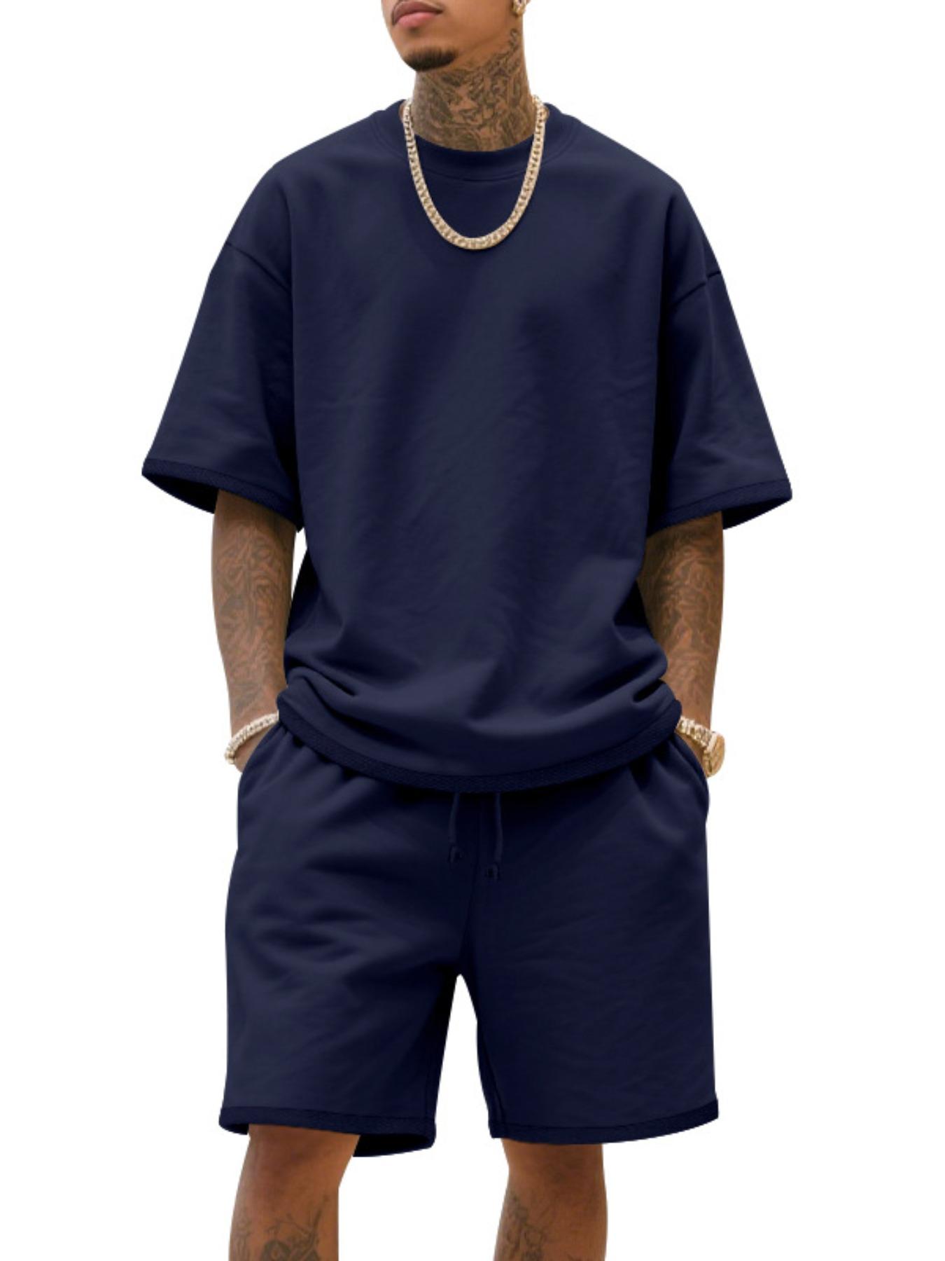 Men's Summer Casual Set, Pure Color Round Neck Short Sleeve Knit Tee & Shorts, Classic Loose Fit Sportswear, Comfortable Daily Wear Outfit Men's Summer Casual Set, Pure Color Round Neck Short Sleeve Knit Tee & Shorts, Classic Loose Fit Sportswear, Comfortable Daily Wear Outfit